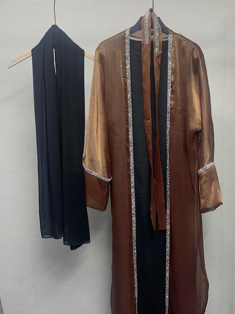 Eid Abaya Sequined Open Abaya with Muslim Inner Dress for Women Turkey Evening Party Dress Kaftan Dubai Luxury African Abaya Set