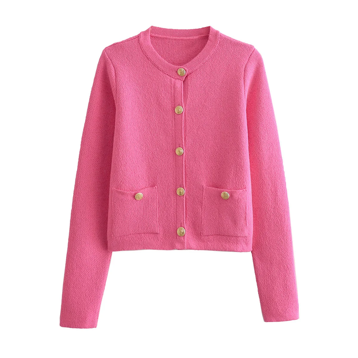 

Women's new fashion pocket decoration short casual O Neck knitted coat retro long sleeved Button up women's coat chic top