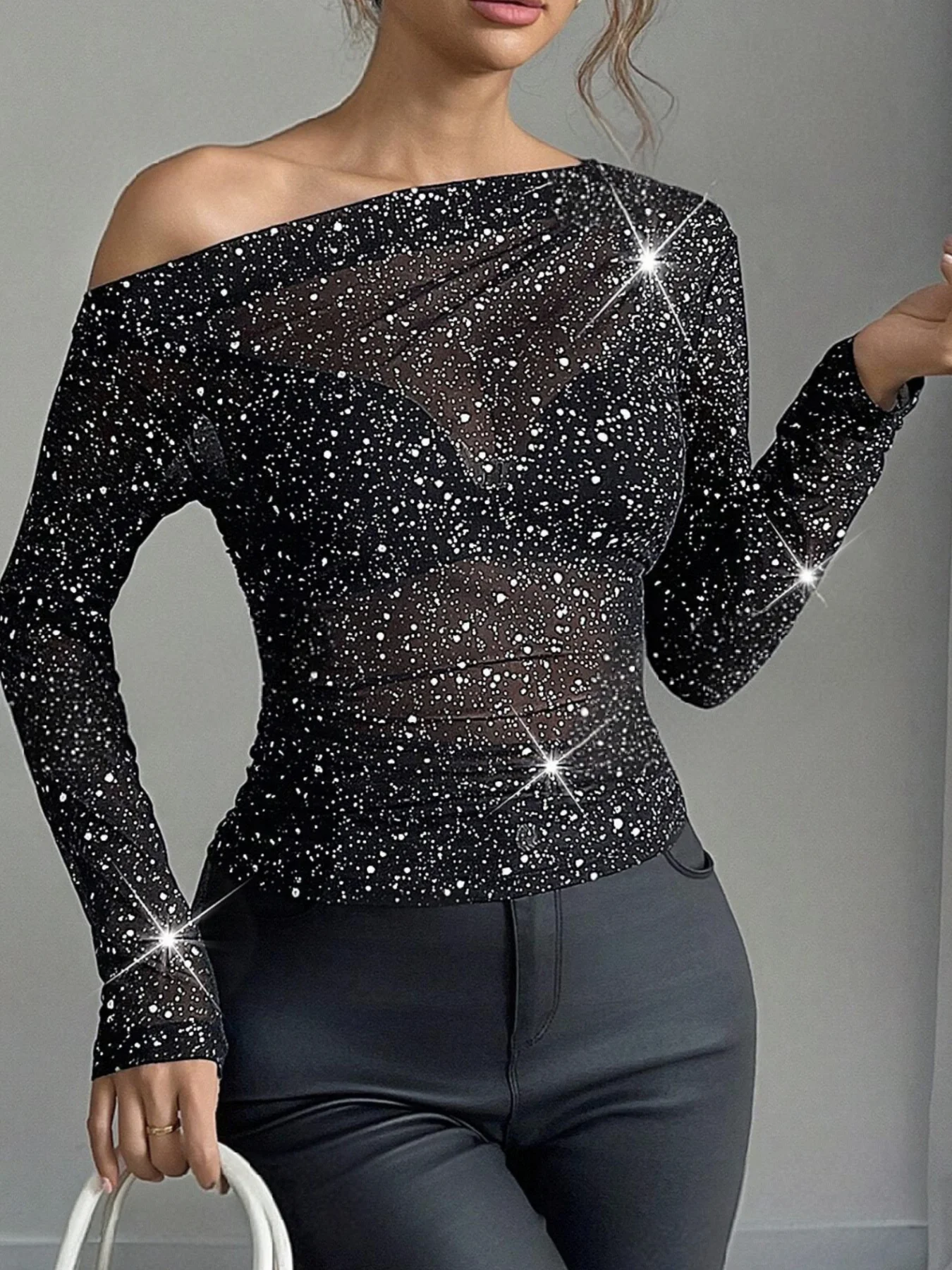 Ladies' Elegant Shiny Decorative Sexy T-shirt