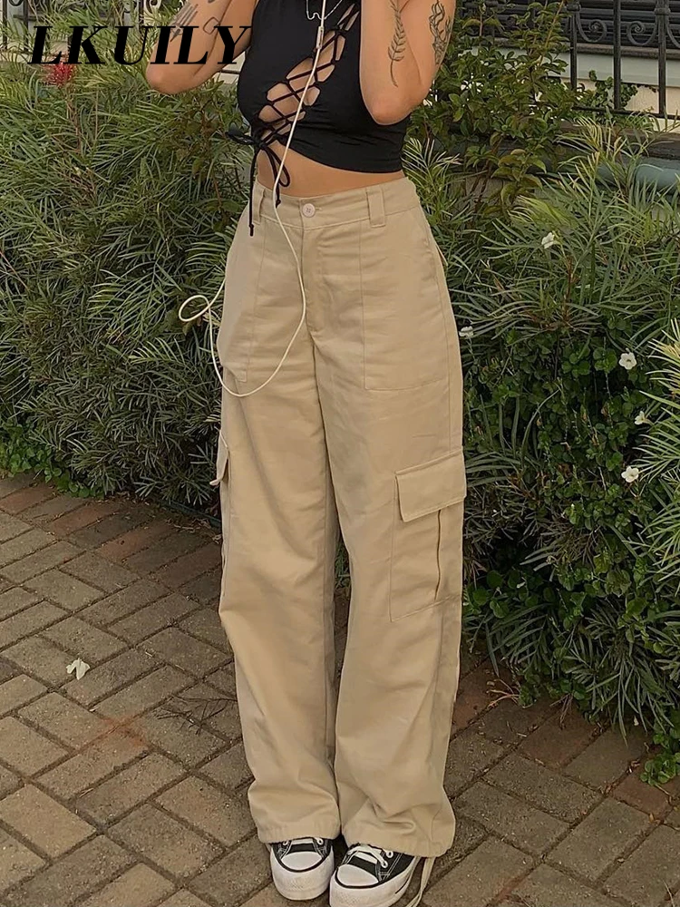 Vintage Cargo Pants Overalls Baggy Jeans Women Fashion 90s Streetwear Big  Pockets Wide High Waist Y2k Straight Denim Trousers