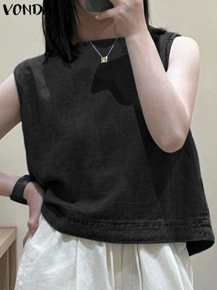 

2024 VONDA Women Summer Tank Tops Camis Fashion Sleeveless Solid Color Shirts Elegant Casual Loose Denim Tees Vintage Tanks