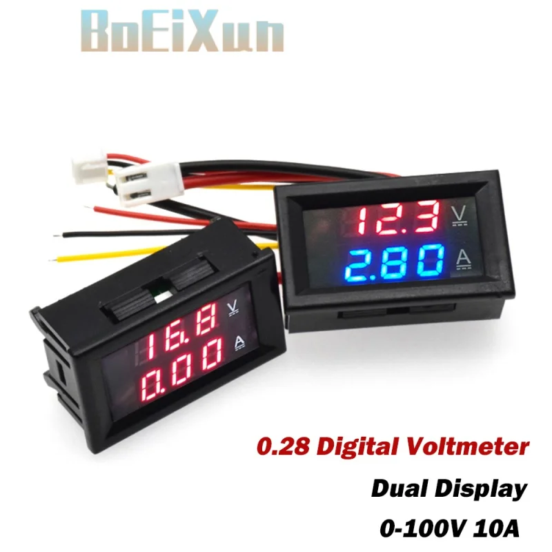 

DC 0-100V 10A Digital Voltmeter Ammeter Dual Display Voltage Detector Current Meter Panel Amp Volt Gauge 0.28" Red Blue LED
