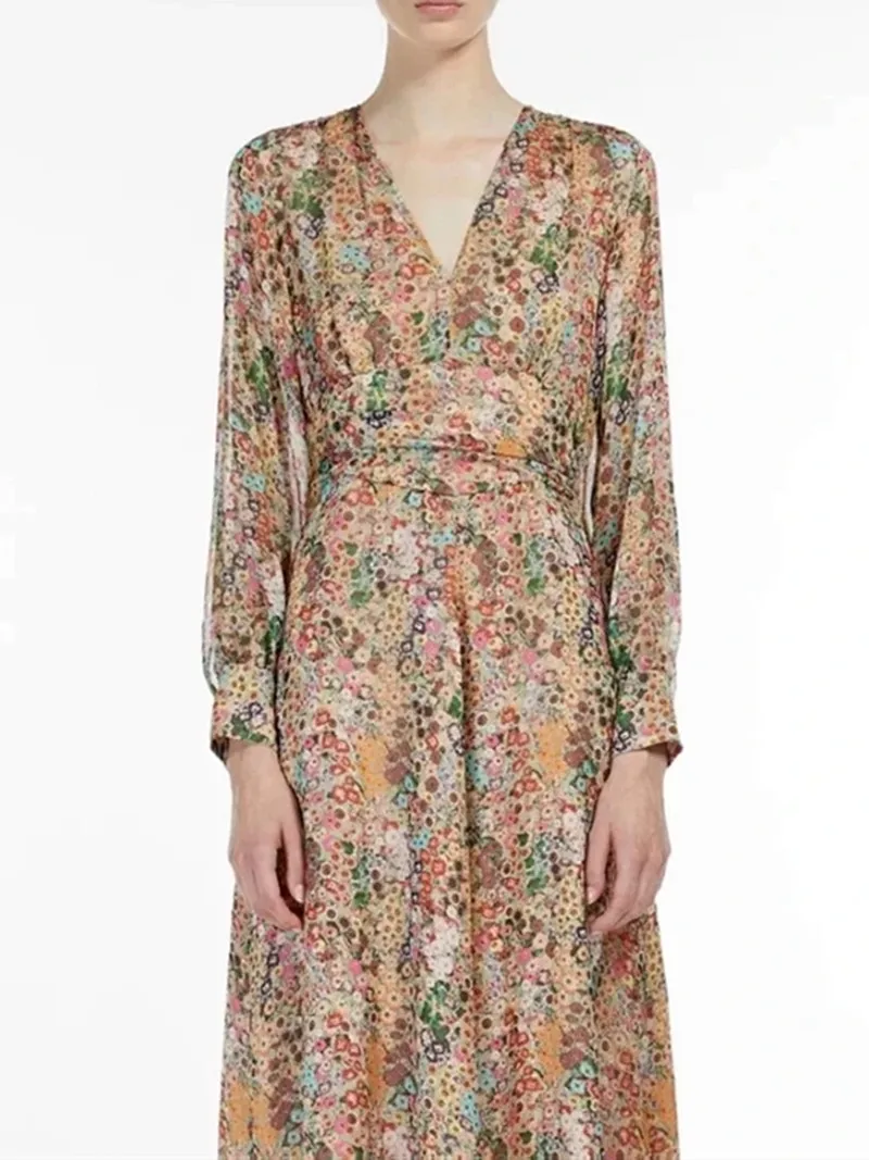2022 New Floral Printing High Waist Midi Dress Women V-neck Prairie Chic  Female Long Sleeve Spring And Summer Robe - Dresses - AliExpress
