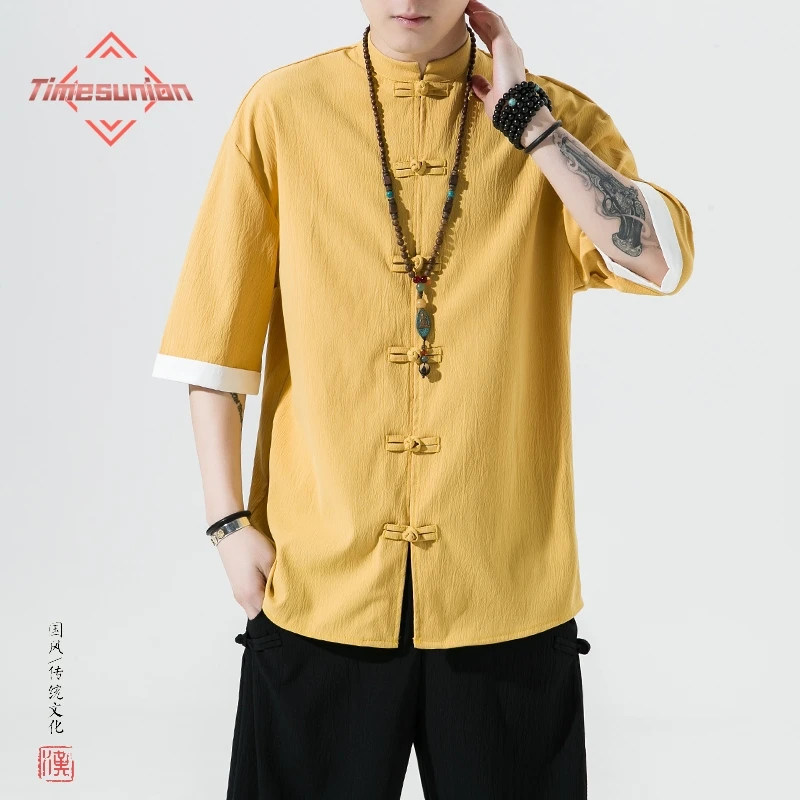 

Summer Ice Silk Shirts for Men Wrinkle-resistant Short Sleeves Shirt Male Chinese Style Mandarin Collar Disc Buckle Slim T Shirt