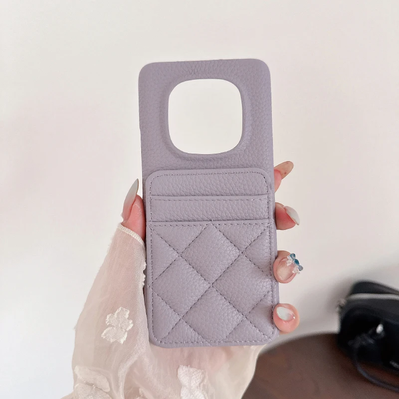 Lingge Leather Card Slot Wallet Phone Case - Solid Color Design