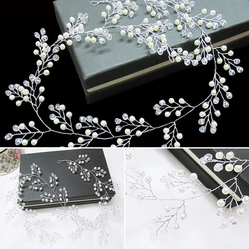 Bridal Hair Accessories Crystal Pearl Tiaras Hairbands Hairpins Bridesmaid Diamante Hair Vine 60cm Crown Headband Wedding Jewelry