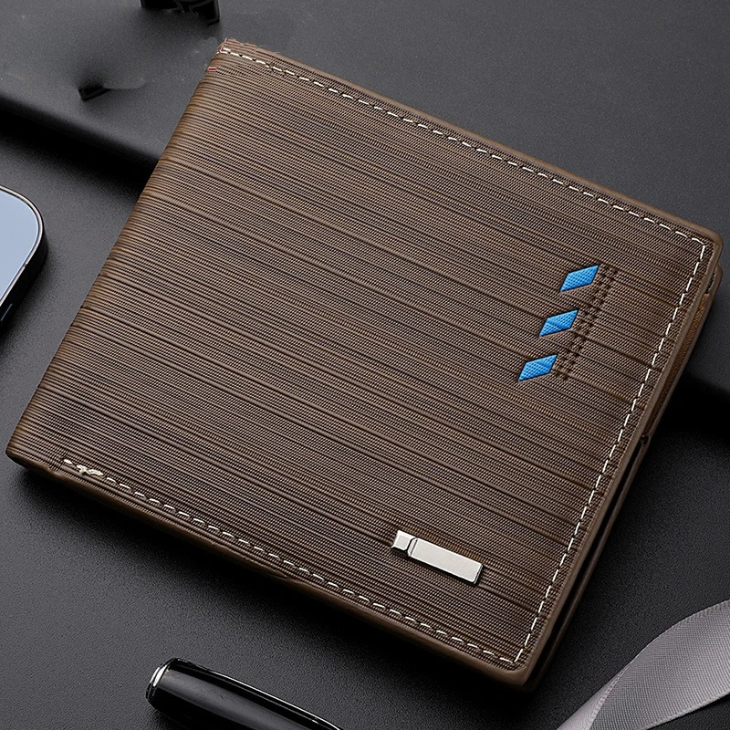 Business Men's Short Wallet Microfiber Synthetic Leather Short Wallets Men Stripe Male Purse Coin Pouch Multi-functional Cards 4