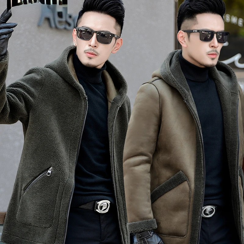 Fur and Leather Overcoat Men's Sheepskin Double-Sided Men's Winter Mid-Length Hooded Leather Coat Fur Coat