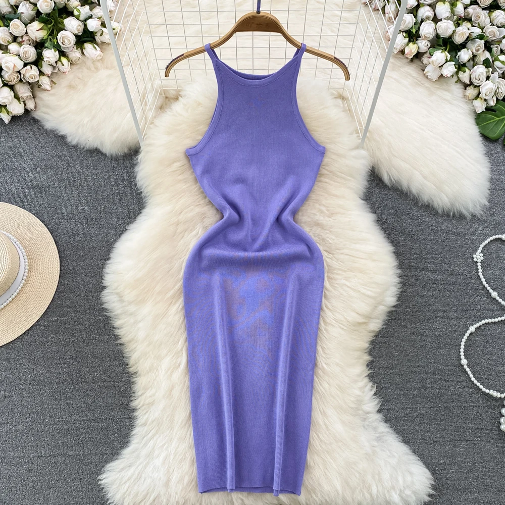 

Summer Korean Version of the Imperial Sister Light Mature Wind Round Neck Hanging Waist Thin Medium-length Section Hip Dress