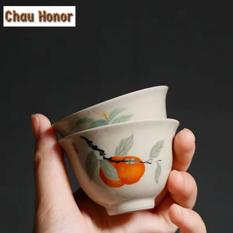 2pcs /set Plant Gray Persimmon Small Tea Cup Kung Fu Tea Set Household Tea Cup Ceramic Single Cup Tea Ceremony Accessories 45ml