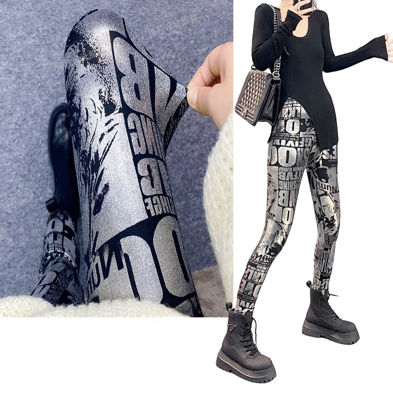 

Fall Winter Fashion Women Metallic Graffiti Print Leggings Printed Brushed Leggings Gold Silver Ladies Skinny Stretch Pants