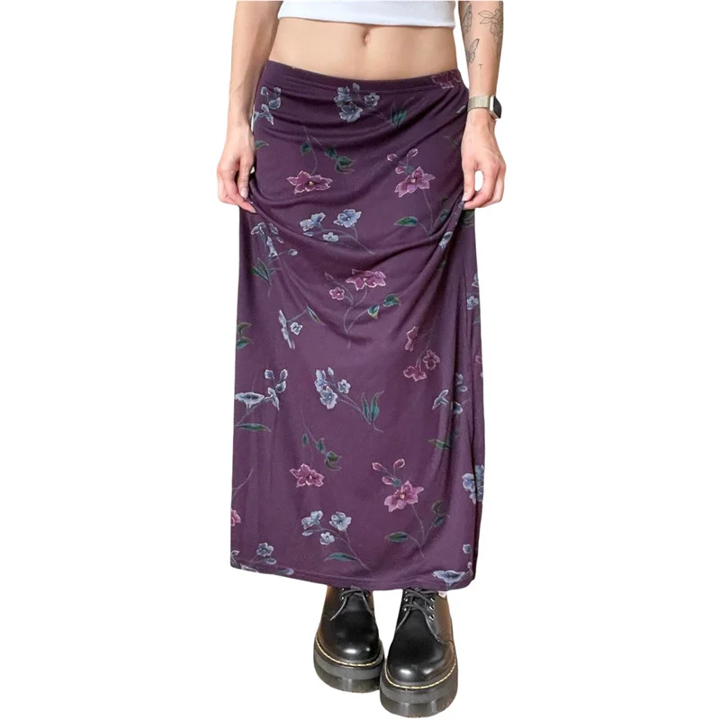 

Women Vintage Purple Floral Print Long Skirts Summer Autumn Female Low Waist Split Hem Skirt Beach Streetwear Aesthetic Clothes