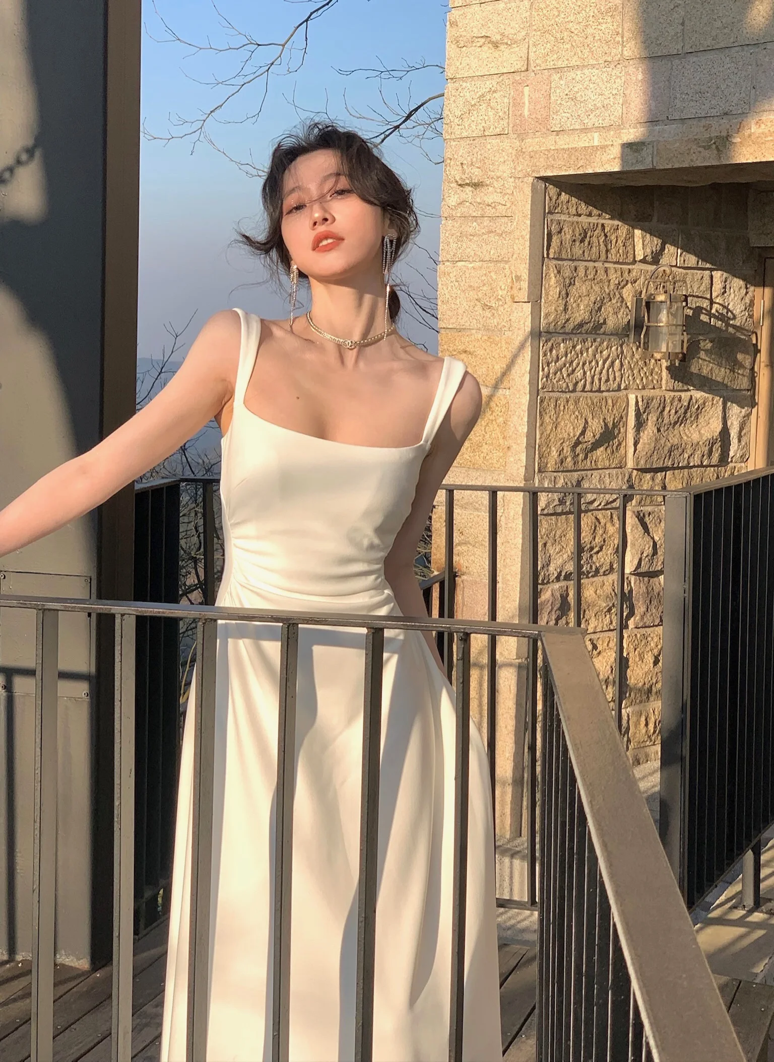 Spring New Elegant Square Collar Midi Party Dresses for Women Long Sleeve Black White Slim Vestidos Female High Waist Clothes