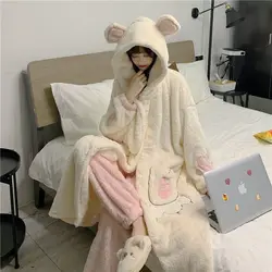 Winter Thickened Pajamas Sleeping Robe Female Cute Female Students Cartoon Bear Paw Warm Pajamas Set Night Gown Night Dress