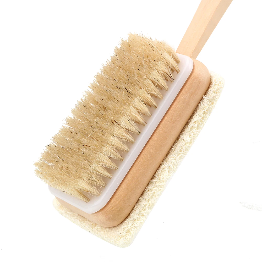 Body Back Cleaning Brush Skin Cuticle Grease Remove Wooden Handle Loofah Bristle Both Side Bath Brush Massage Shower Bath Sponge 6