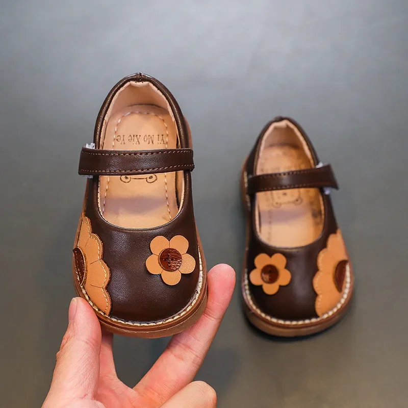 Flower Baby Girl Leather Shoes Low Heel Toddler Mary Janes Kindergarten Anti-slippery Infant Shoes for Babies Girls F11244