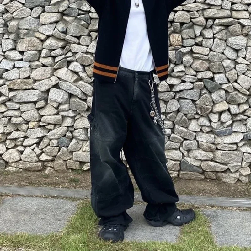 Description Picture 3 of itemHigh Street Multi-pocket Washed Black Cargo Pants for Men Wide Leg Baggy Casual Jeans Oversized Baggy Denim Trousers