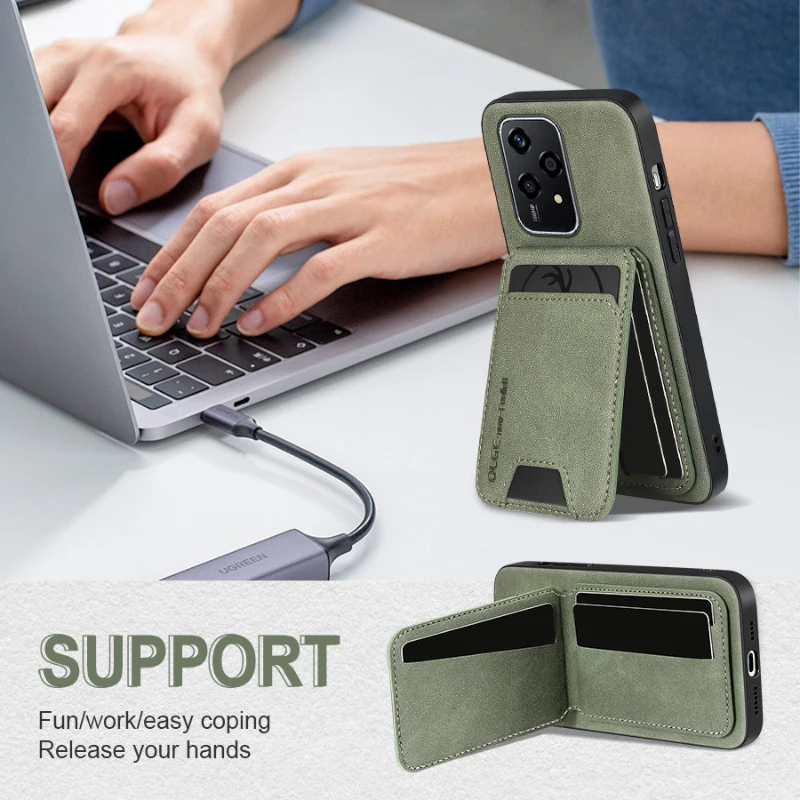 Solid Color Leather Wallet Phone Case with Card Slot and Shockproof Bracket