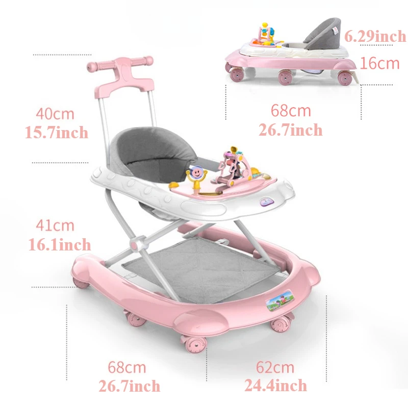 2 in 1 Baby Walker with Music & Light Spinning Toy Dining Tray Safety Brake Floor Mats Push Handle Baby Push Walker Anti-slip 6