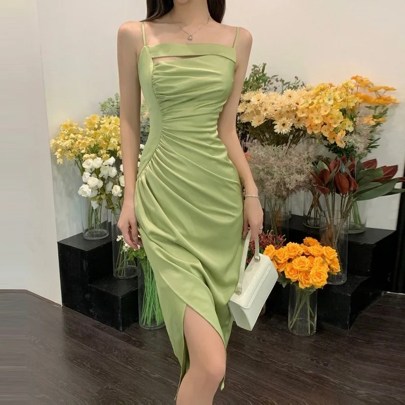 

Korean Sweet Sexy Split Dresses Designer Slim Party Dress Summer Elegant Strap Dress Women Casual Vintage Temperament