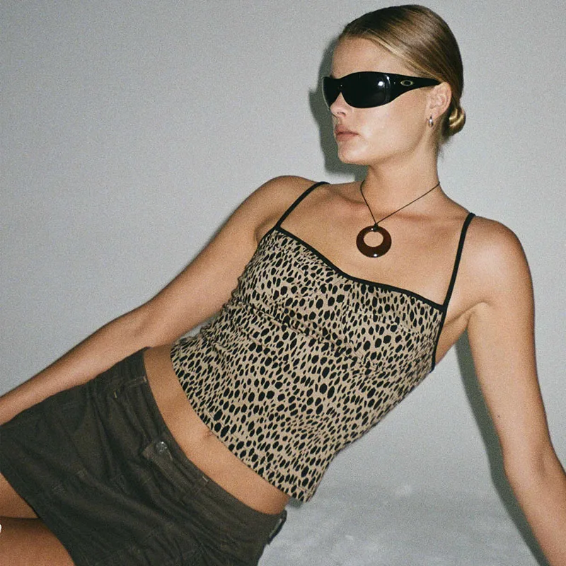 

Sexy Backless Sleeveless Women's Camisole Top Leopard Pattern Crop Top Strap Exposed Navel Vest Ladies Slim Fit Tank Top