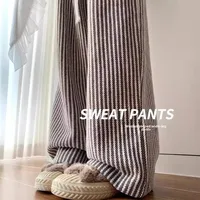 Khaki Wool Wide Leg Pants Women Autumn Winter High Waist Draped Casual Small Striped Trousers Long Pants Nine Points Five Points