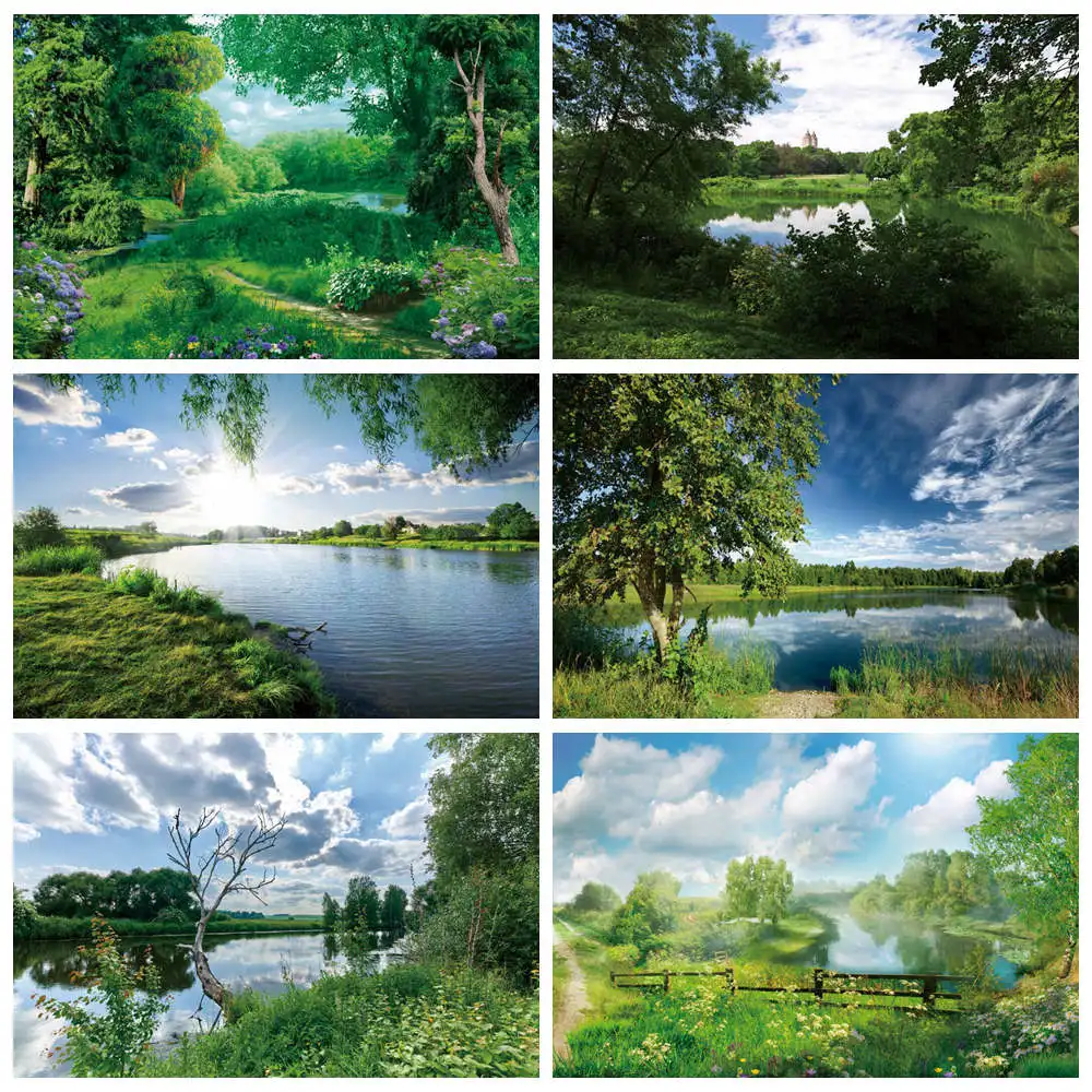 

Green Spring Lake Forest Photography Backdrops Mountains River Decoration Custom Flowers Grassland Trees Photo Booth Backgrounds