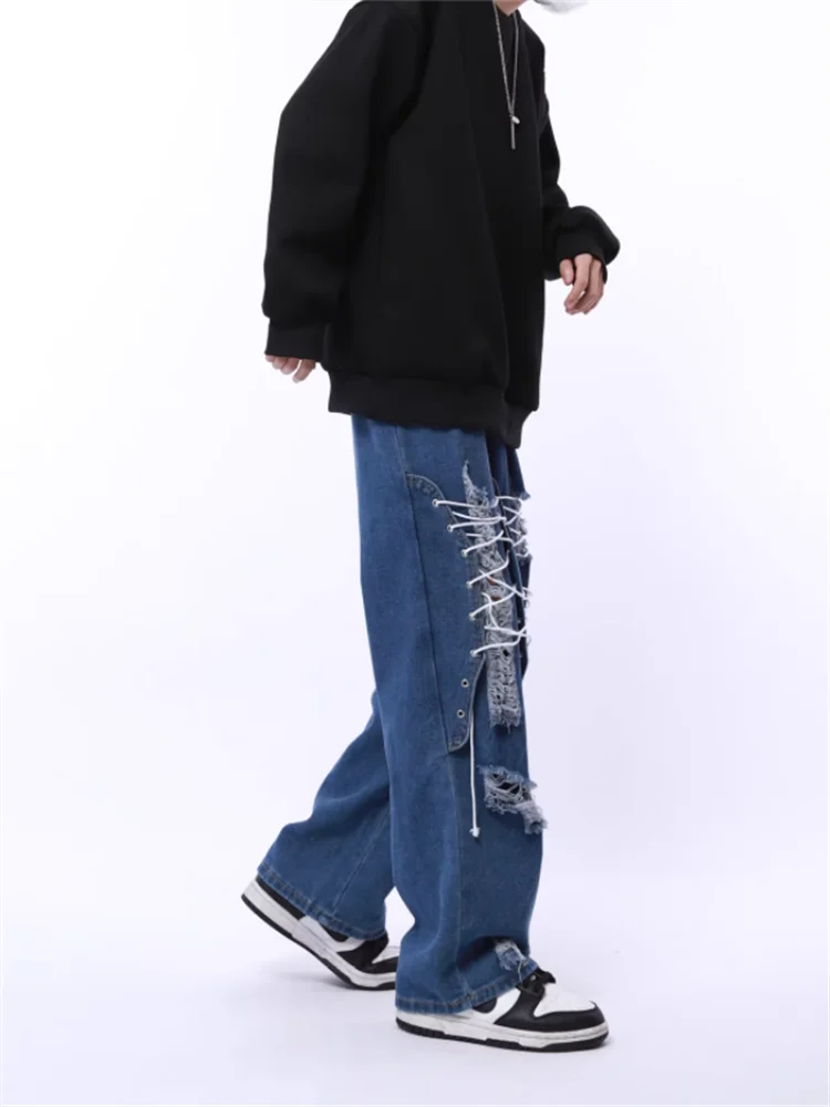 2023 American vintage lace-up design feeling ripped wide-leg pants straight leg loose jeans for men and women