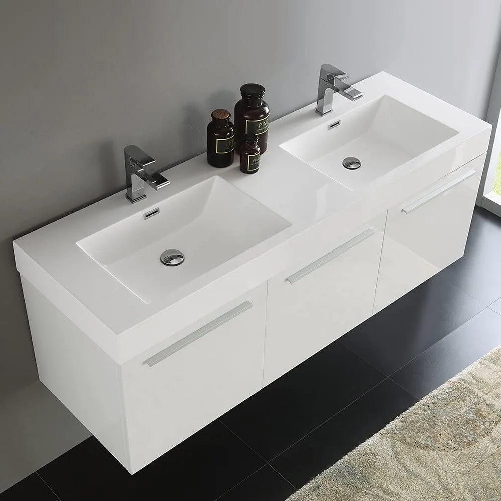 60 Inch White Wall Hung Modern Double Bathroom Vanity - Includes Integrated White Sink with 3 Cabinets - Faucet Not Included 2