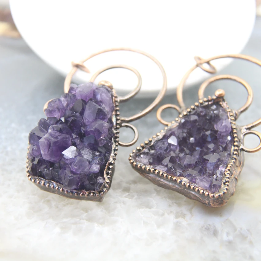 Large Amethysts Druzy Soldered Bronze Pendant,Bohemia Antique Copper Quartz Geode Charms Viintage Retro Necklace Jewelry Making