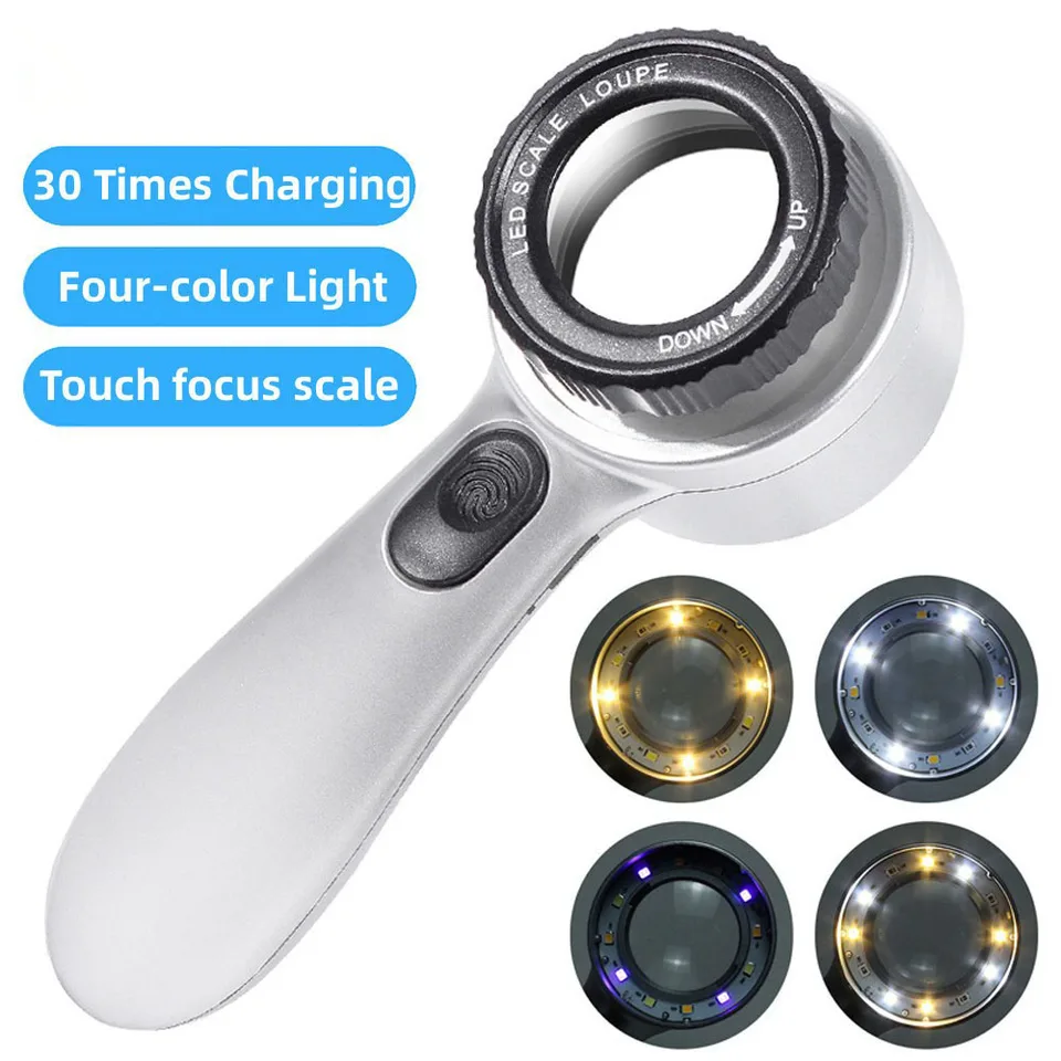 ライト付き、30倍ハンドヘルド大型照明付き拡大鏡黄斑変性、高齢者の読書、はんだ付け、検査、コイン、ジュエリー、探検用 Auspici LEDライト付きハンドヘルド充電式拡大鏡、ジュエリーの識別読書、4色拡大鏡、30x  - AliExpress