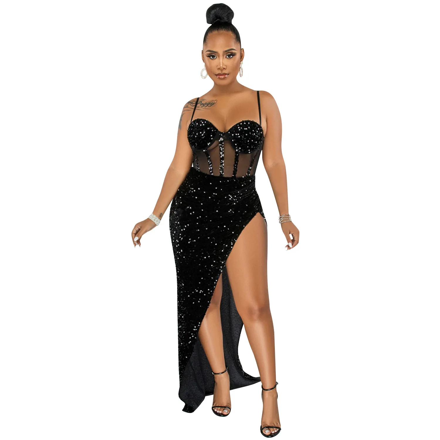 Women Mesh Patchwork High Side Split Sequin Bodycon Midi Backless Maxi Long Dress Sexy Night Party Spaghetti Strap Dress