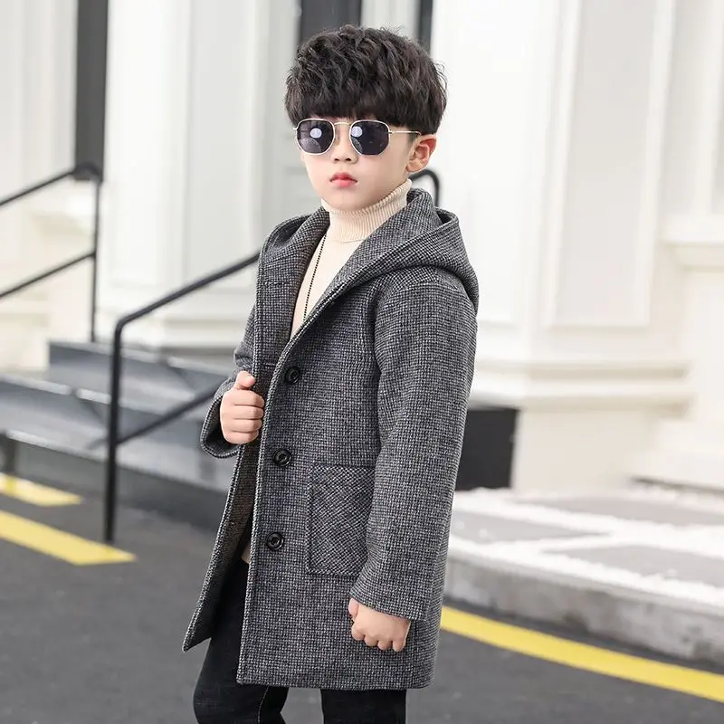 

Teens Fashion Winter Boys Woolen Coat For 4-14 Boys 2022 New Turn Collar Double Big Pockets Thick Plus Cotton Jacket High Qualit