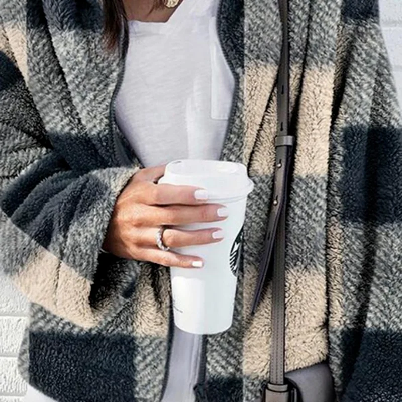  New Fashion Streetwear Zipper Women Jacket Autumn Winter Casual Stitching Plaid Coat Retro Lapel Fluffy Cardigan Pocket Top