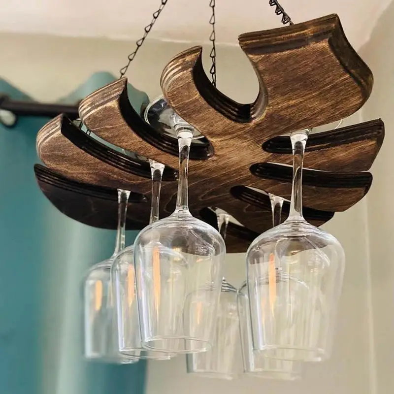

Wine Glass Rack Monstera Leaf Shape Wooden Rack Ceiling Hangable Wine Glass Holder For Cupboard Living Room Wine Bar Kitchen
