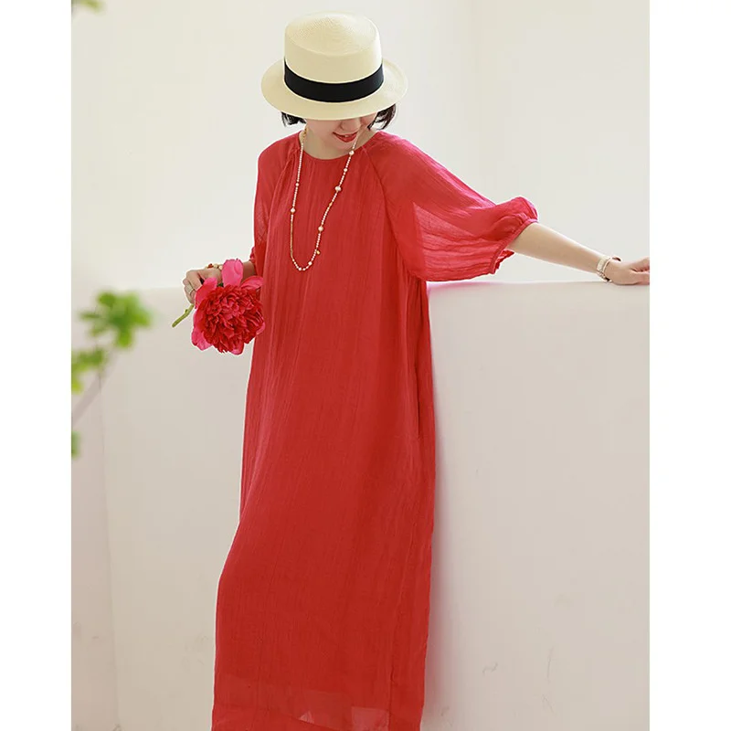 

Women's Casual Cotton and Hemp Dress, High Density Twisted Red, Short Sleeve, Loose, Reducing Age, Ramie, Summer, New