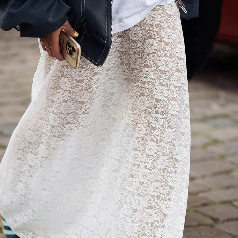 

See-through Low-waist Floral Jacquard Aesthetics Half Skirt Chic Party Feminine 2024 Street Style Hot Sexy Lace Mid Length Skirt