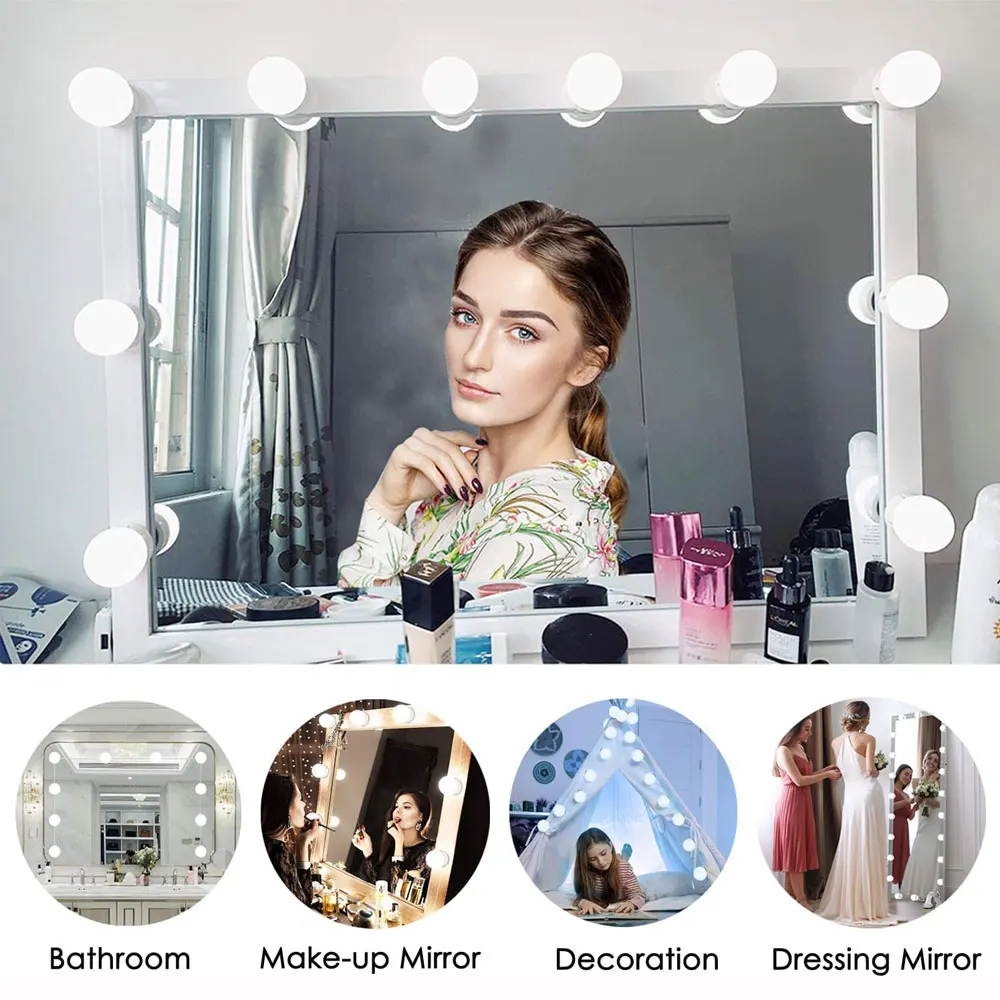 Make Up Mirror Vanity Light 10 Dimmable Bulb Adjustable Color Brightness Light Stick On For Makeup Table Dressing