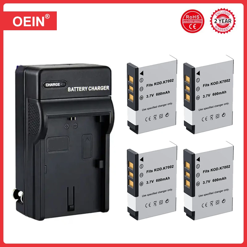 Batteria Per Fotocamera 4 Pezzi 600Mah Klic-7002 Con Caricabatterie Per Kodak Easyshare V530 V603