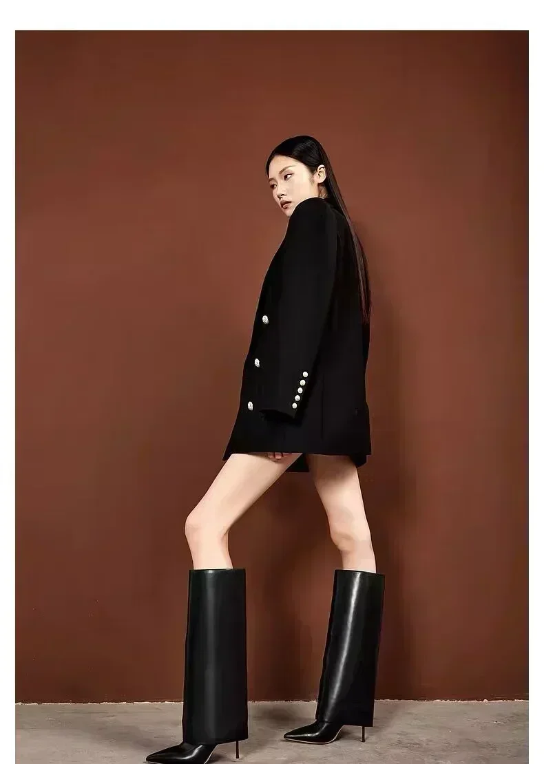 2024 Women's Autumn/Winter New Knee Knee Leather Boots Fashion Pointed  Stiletto Skirt Boots Black Long Boots Middle Boots - AliExpress 322