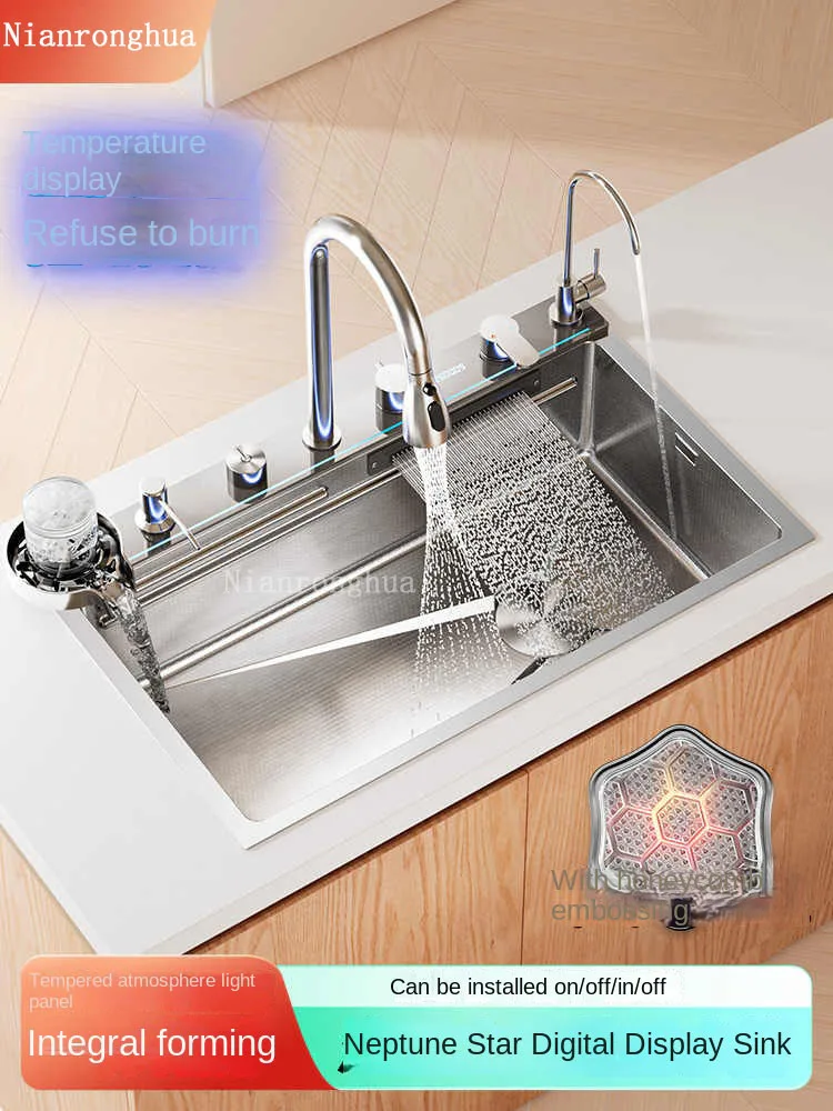 5MM Embossed Stainless Steel Waterfall Kitchen Sink With Digital Display Washbasin Multifunctional single slot rightSide Drain