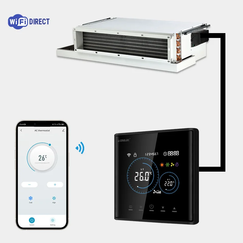 เทอร์โมสตัทไร้สายอัจฉริยะสำหรับพัดลมคอยล์ HVAC แบบดิจิตอล ควบคุมผ่าน WiFi รองรับ Modbus สำหรับยูนิตพัดลมคอยล์ 1