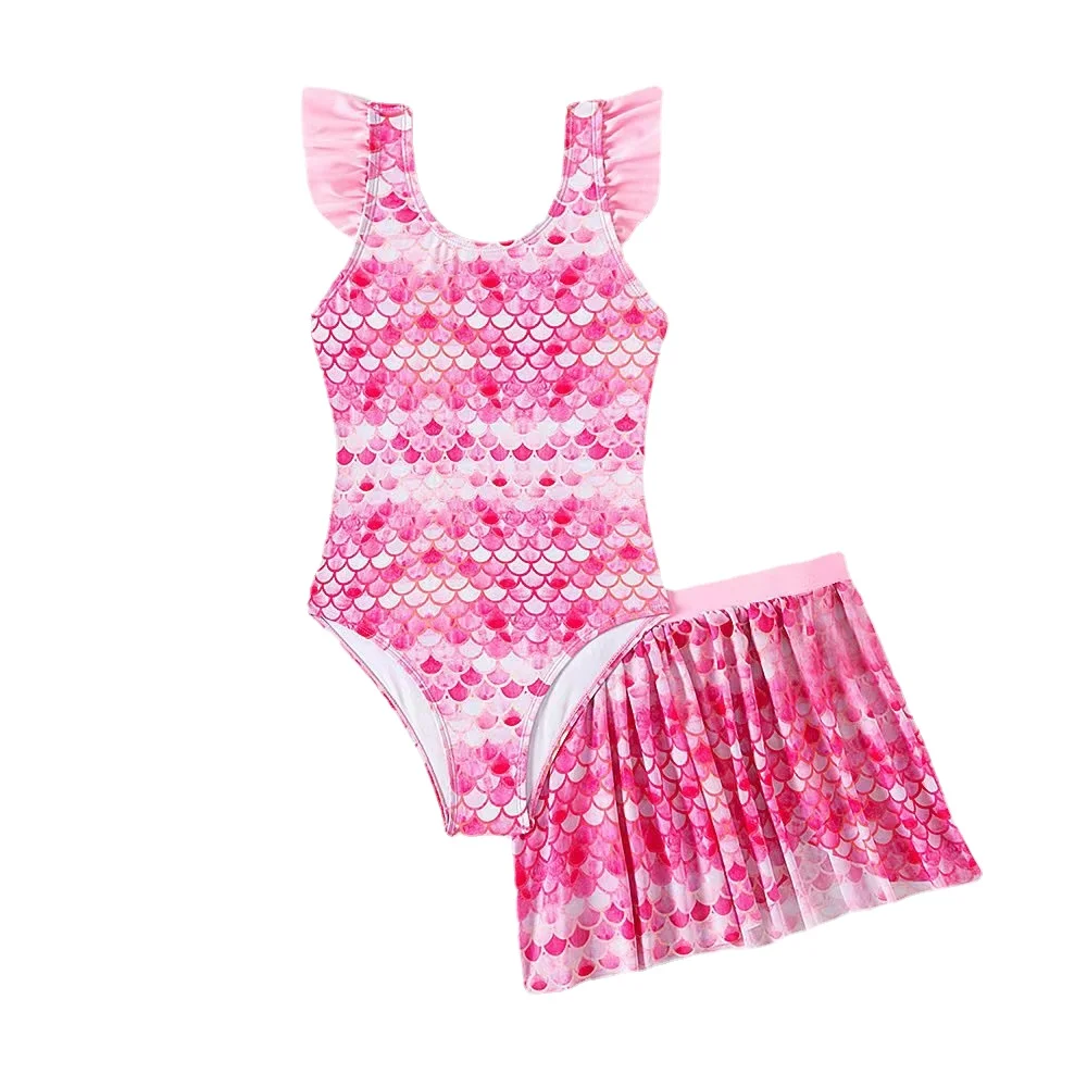 One Piece Swimsuit Girls One Piece Swimsuit with Beach Skirt Mermaid Print Kids Summer Swimwear