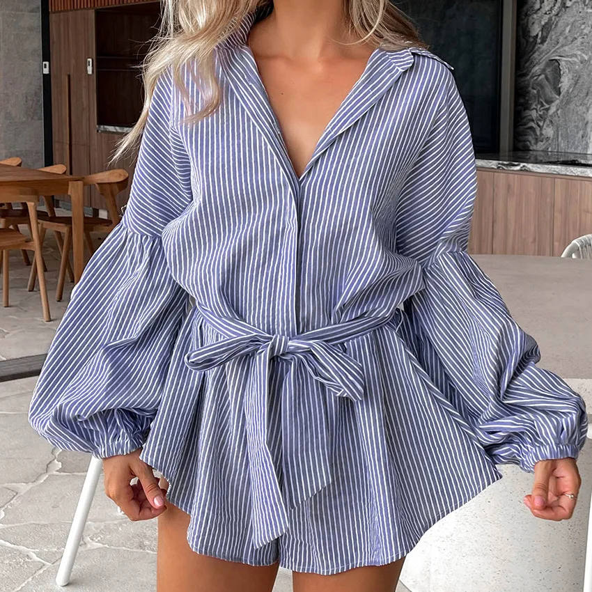 

2023 New Sexy Lantern Sleeves Blue Stripe Lace Up Jumpsuit Summer Loose Fashion Women Clothing