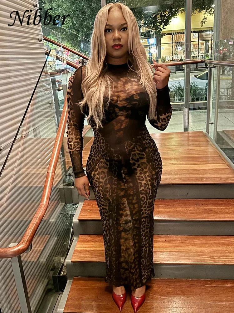 Nibber Leopard Print Dress Women See Through Coquette Full Sleeve o-Neck Fall Trend Midnight Party Clubwear Stretch Vestidos 4