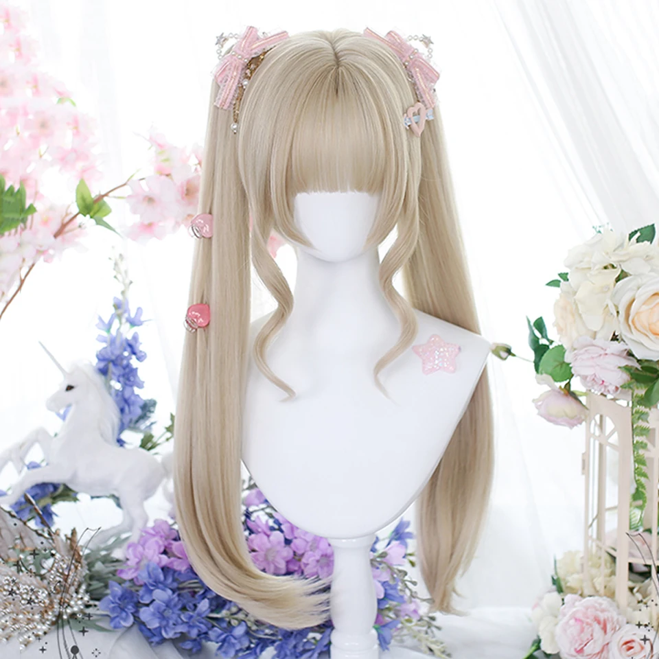 OLACARE Synthetic Long Wavy Curly Ponytail Lolita Wig with Bangs Girl Cute Ombre Blonde Cosplay Party Halloween Harajuku Wig