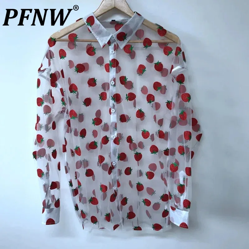 

PFNW Summer Strawberries Printed Shirts Men's See-through Designer Loose Sunscreen Clothing Elegant Original Sexy Tops 21F1885