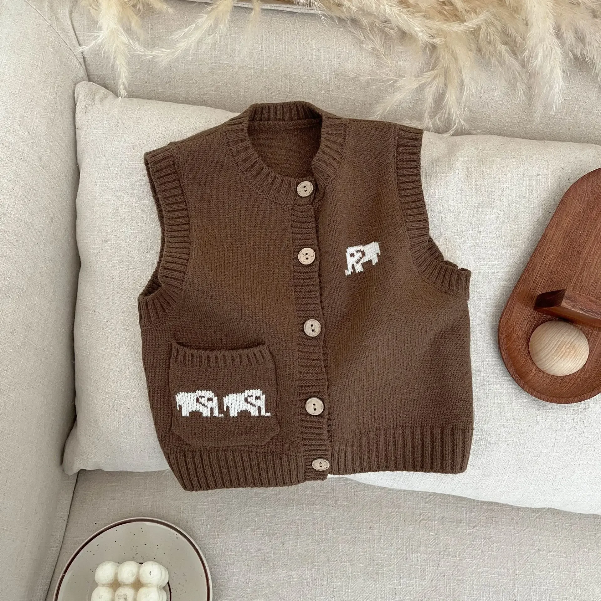 Baby Clothes Korean Style Cartoon All Match Sweater Vest Spring Boys and Girls Baby Cute Comfortable Knitted Vest