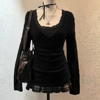 American retro Harajuku Y2K aesthetic women autumn winter knitted pullover casual slim fit chic solid color sweater goth clothes 1