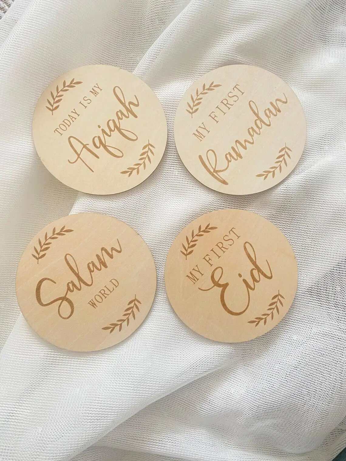 

4 piece Islamic Baby Milestone Card t Wooden Baby Announcement Muslim Newborn Cards